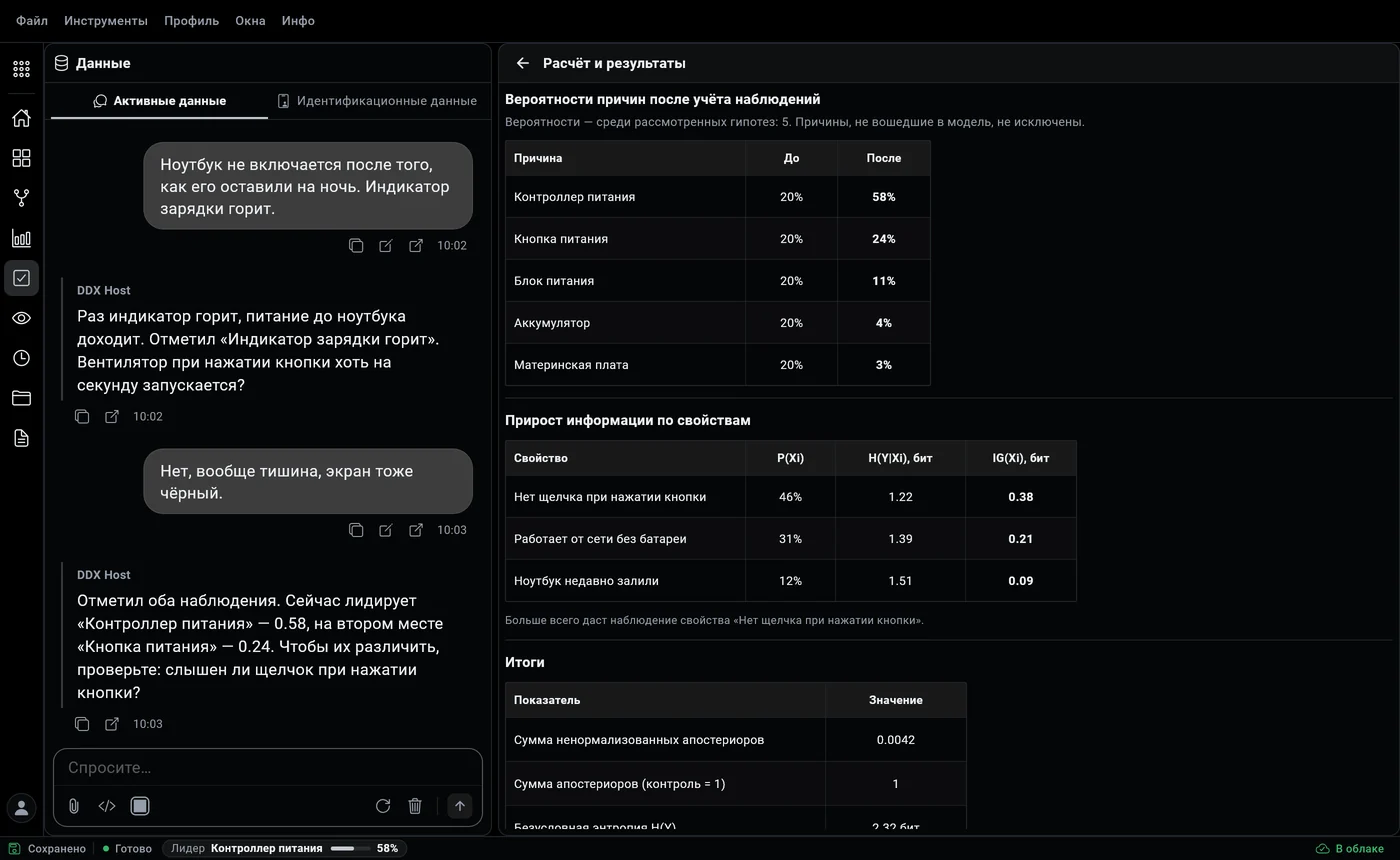 Окно DDx Host: вероятности причин после наблюдений и чат с ИИ-помощником